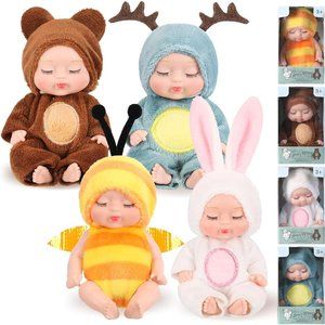 Hanaive 4 Pcs 4 Inch Girl Mini Lifelike Realistic Animal Clothes Cute Baby Dolls